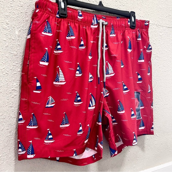 Rainforest Red with Nautical Print Mens Swim Trunks NWOT L - Picture 2 of 5
